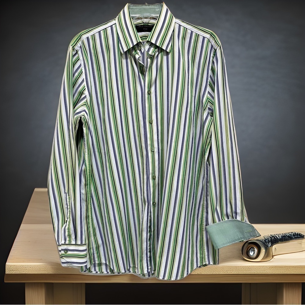 Jack Lipson Flex Lime & Navy stripe 100% Cotton button down shirt 16.5, Large‍﻿﻿